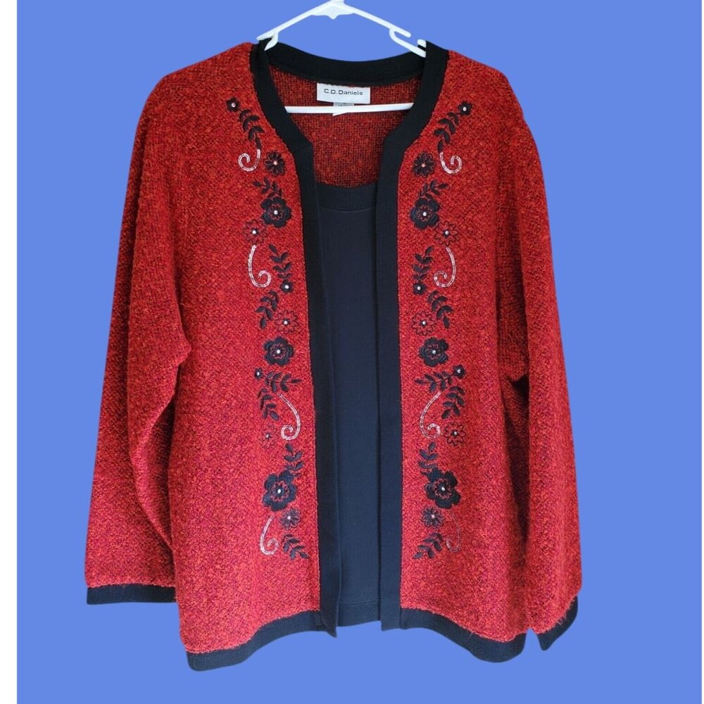 Vtg 90s CD Daniels 1X Red & Black Floral Embroidered Beaded Sweater - Video